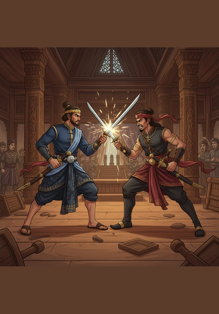 Hang Tuah returns to the capital, his heart heavy with an impossible choice between his duty to the throne and his love for his brother. He faces Jebat amidst the smoke and shadows of the palace, their weapons drawn for a duel that neither truly wishes to win.