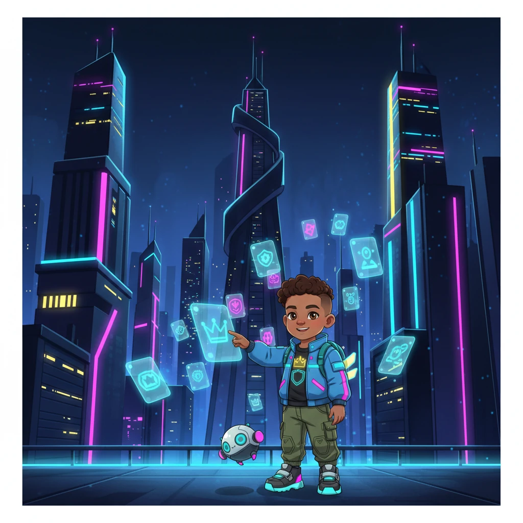 Welcome to Neo-City, a super shiny place with tall buildings and bright, glowing lights! Everything here hums with electric energy and neon colors. Look, holographic cards float softly in the air all around us.