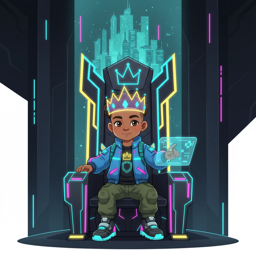 First, meet King Neo! He sits on his grand, glowing throne, wearing a sparkling crown. King Neo is very smart and helps everyone in Neo-City.