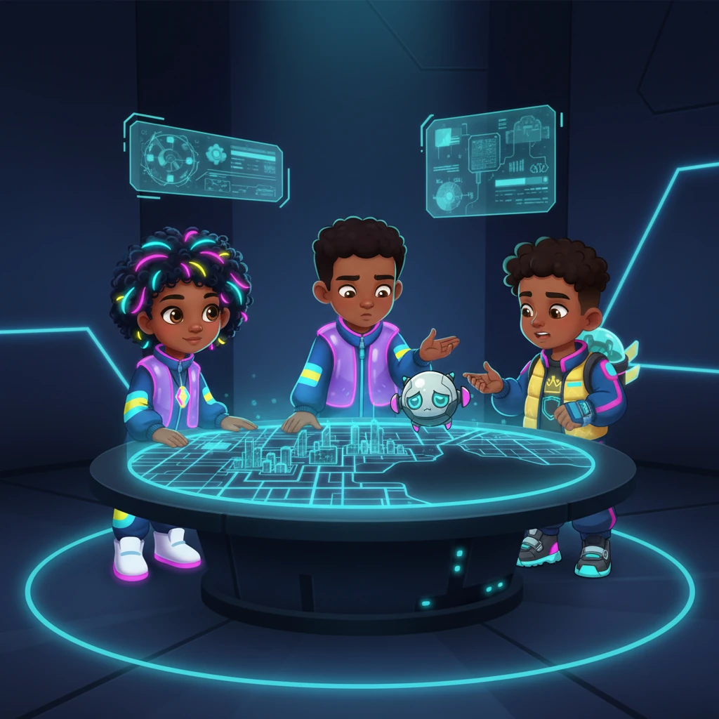 One day, a tiny robot named Pip felt sad because a part of the city was dark. King Neo, Queen Nova, and Jack Jax gathered around a glowing map to help.