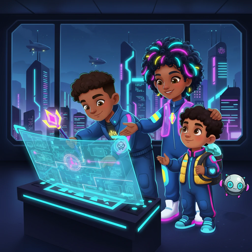 King Neo pointed to a spot on the map with his royal scepter, showing where a lost light crystal might be. Queen Nova gave Pip a comforting pat, promising they would find it.