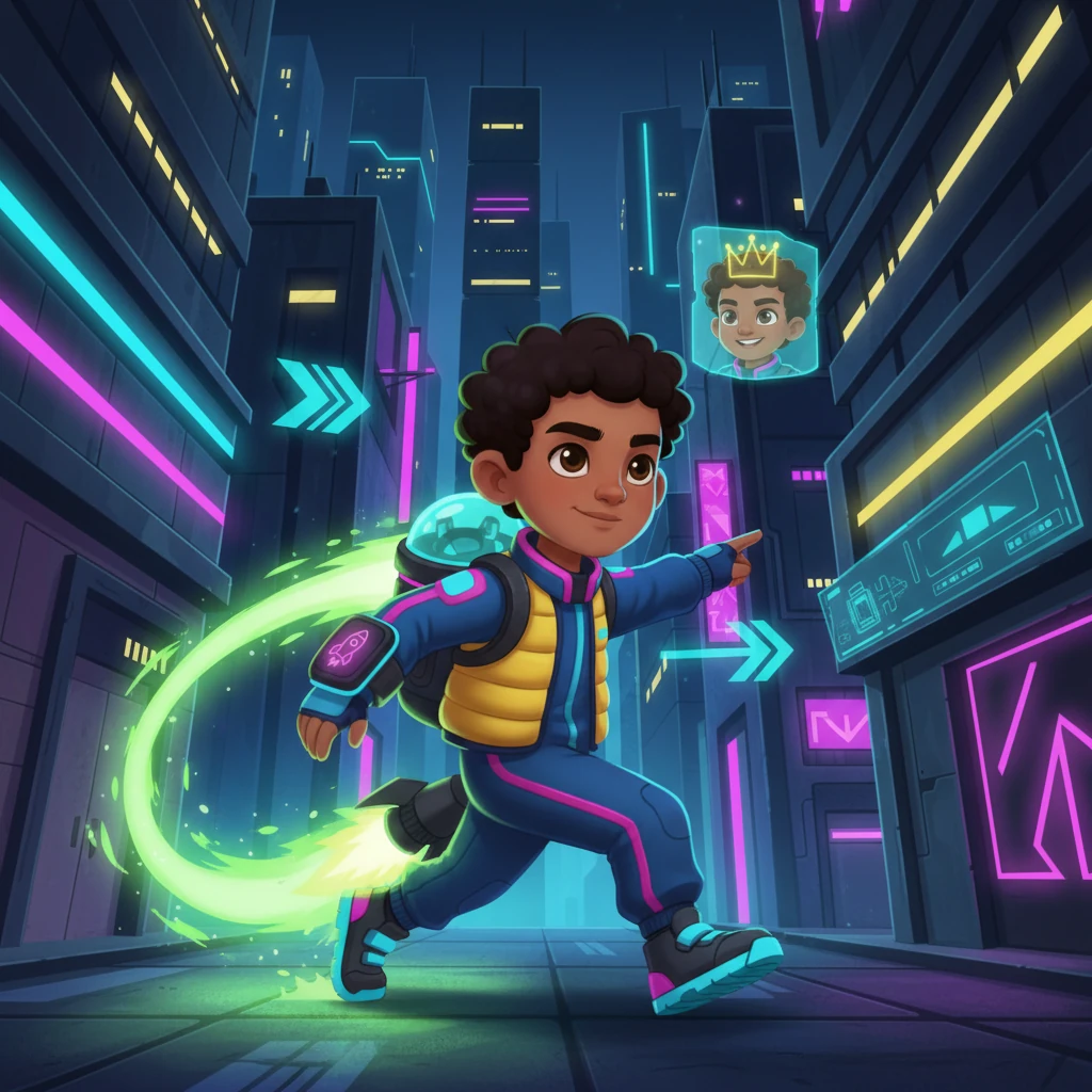 Jack Jax zoomed off with a flash of electric green light, following the King's directions. He twisted and turned through the glowing streets, full of energy and determination.