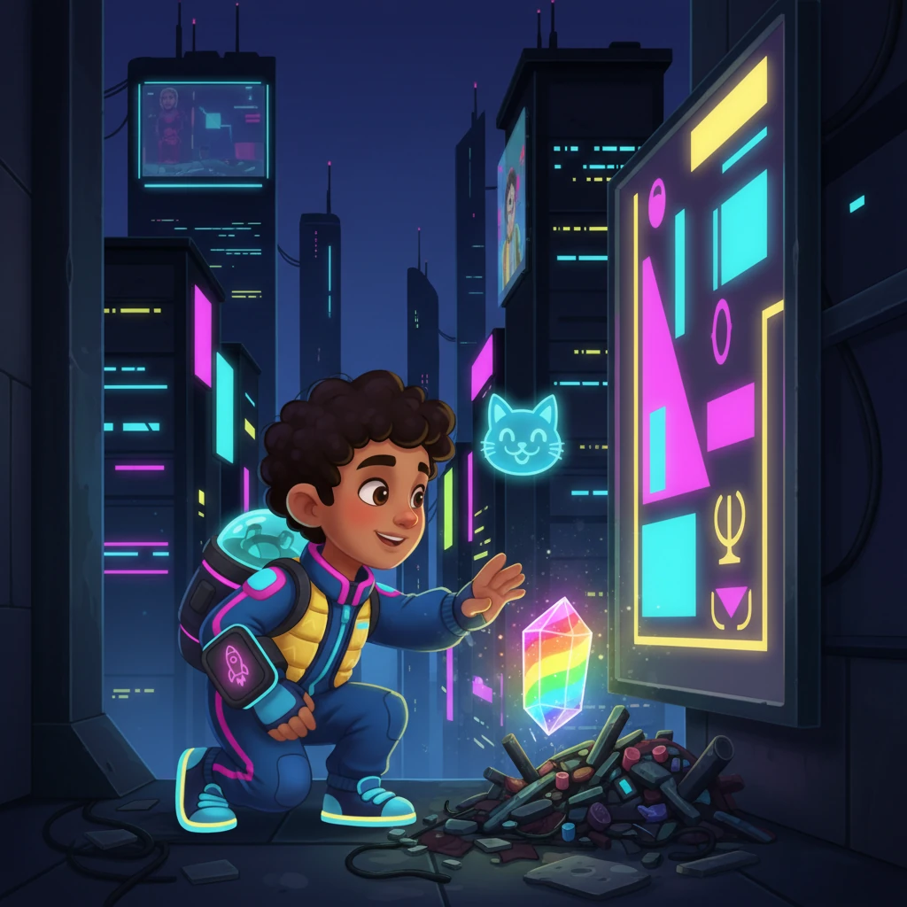 Behind a giant, flashing advertisement, Jack Jax found the sparkling light crystal! It shimmered with beautiful rainbow colors, just waiting to be found.