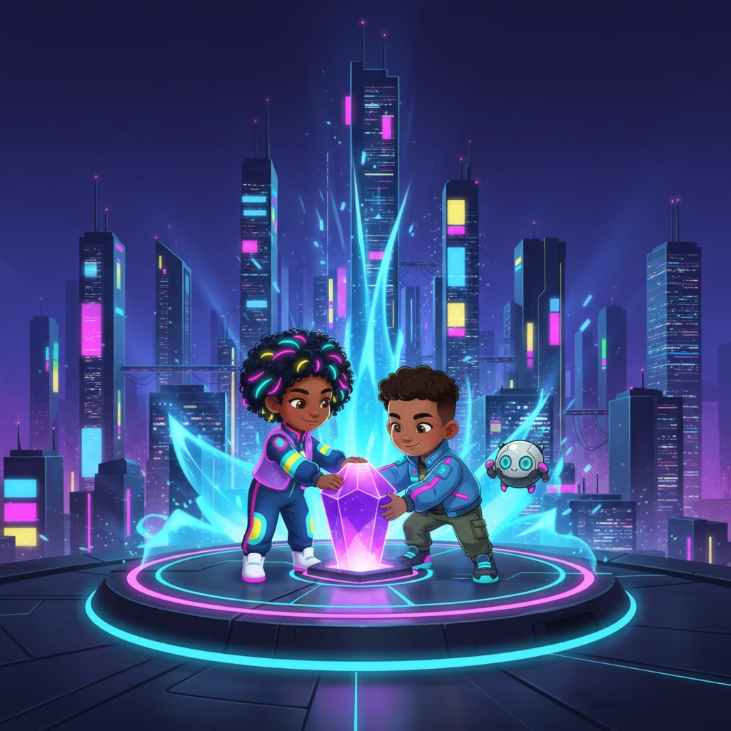 Together, King Neo, Queen Nova, and Jack Jax placed the crystal back in its spot. Suddenly, the whole dark part of Neo-City lit up with bright, happy colors! Pip clapped its little metal hands with joy.