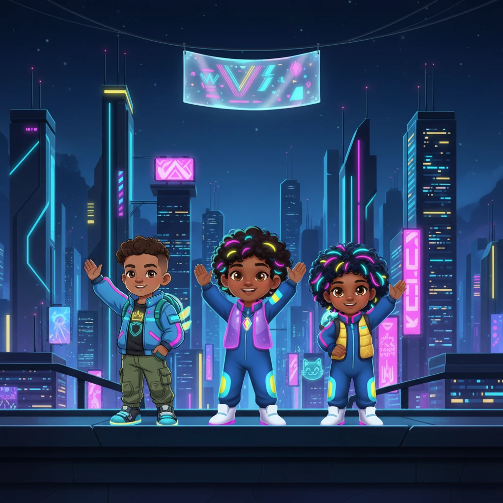 The three friends, King Neo, Queen Nova, and Jack Jax, stood tall and proud, waving to everyone. They are always ready for their next adventure, bringing light and happiness to their amazing neon city!