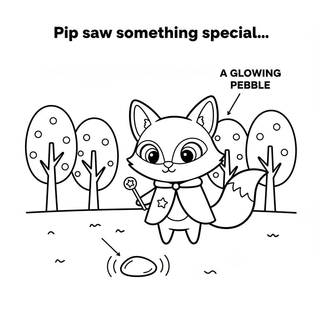 As Pip padded softly through the trees, he saw something special on the ground. A tiny, smooth pebble shimmered with a soft, warm glow. It pulsed with