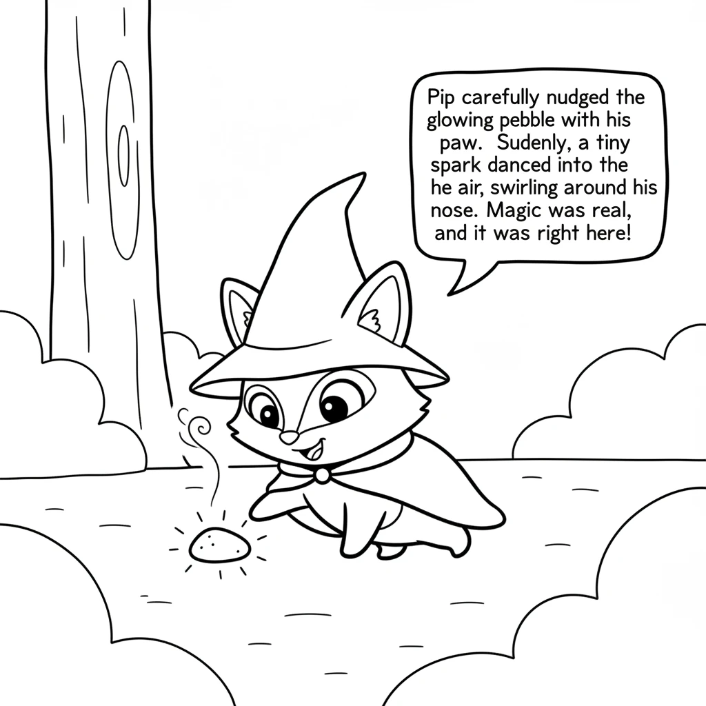 Pip carefully nudged the glowing pebble with his paw. Suddenly, a tiny spark danced into the air, swirling around his nose. Magic was real, and it was