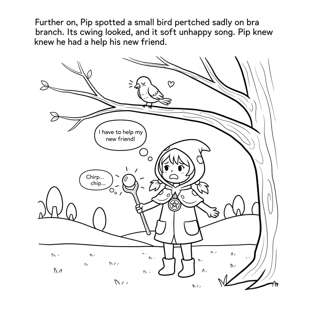 Further on, Pip spotted a small bird perched sadly on a branch. Its wing looked droopy, and it chirped a soft, unhappy song. Pip knew he had to help h