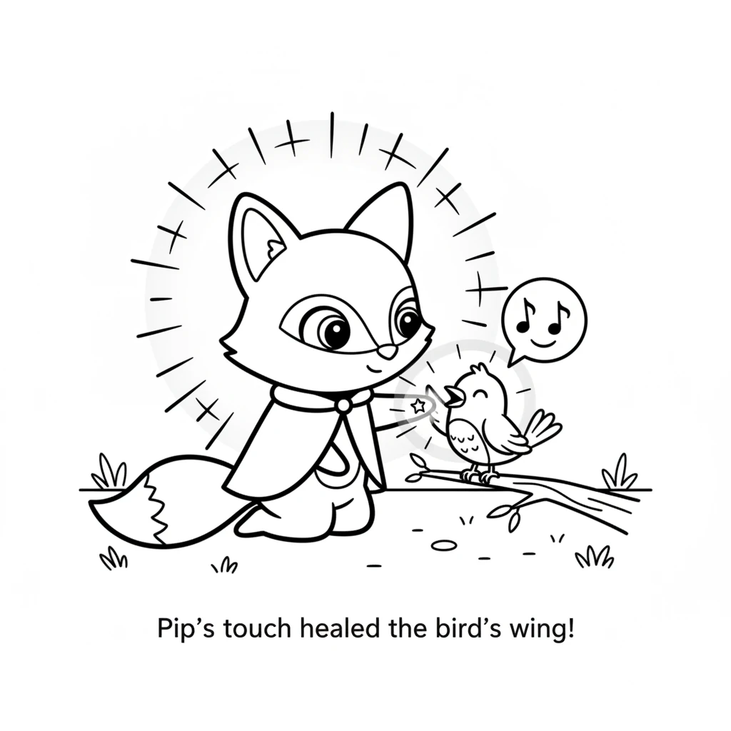 Pip gently touched the bird's wing with his magical paw. A soft, warm light wrapped around the little bird. Soon, its wing felt better, and it chirped
