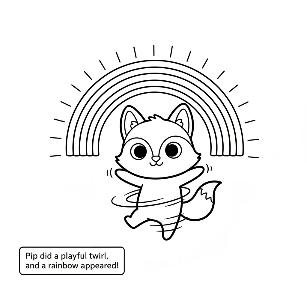 Feeling playful, Pip did a little twirl. Above him, a beautiful rainbow arc appeared in the sky. It painted the world with bright, joyful colors for a