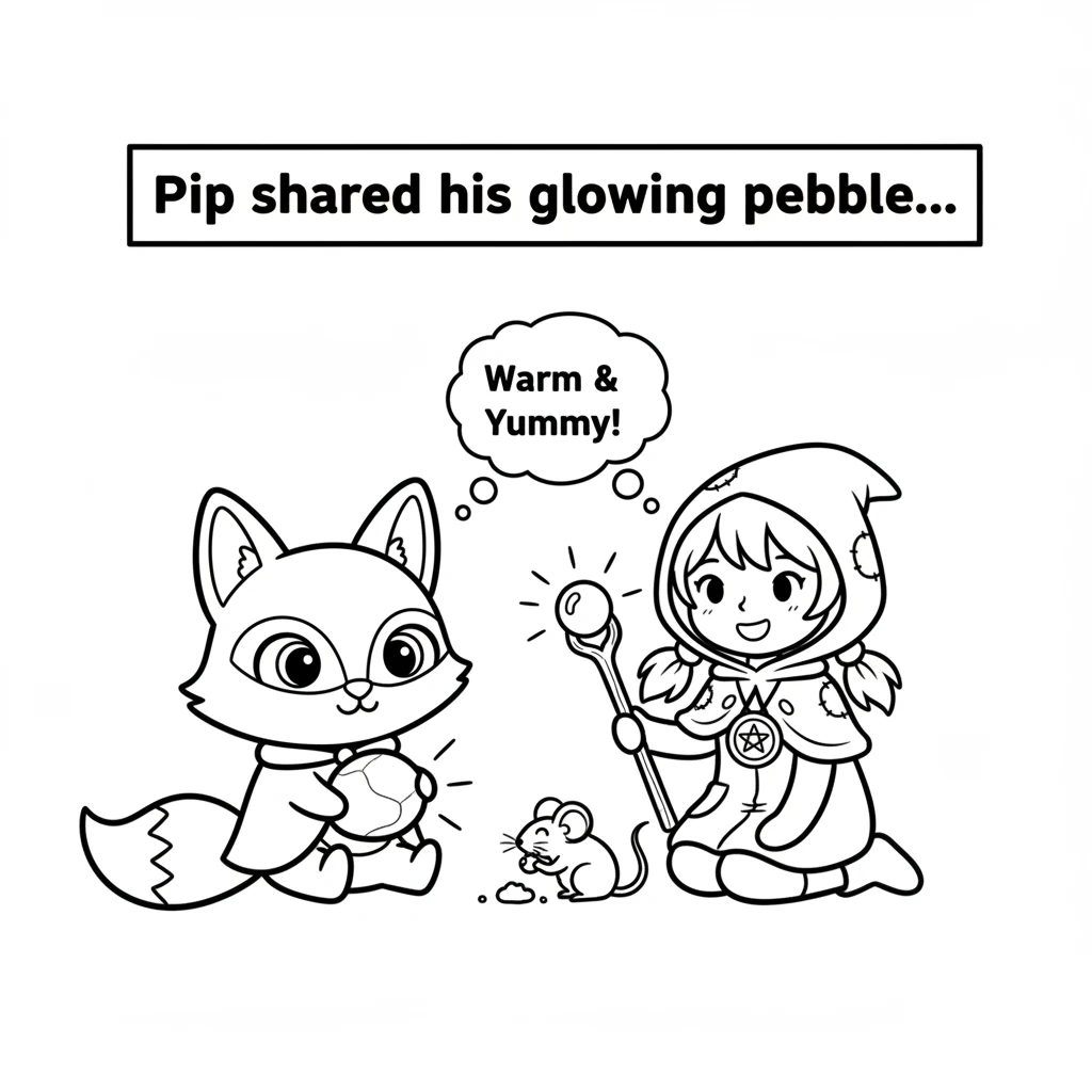 Pip found a tiny mouse looking for food. He shared his glowing pebble, which now pulsed with comforting light. The mouse nibbled happily, enjoying the