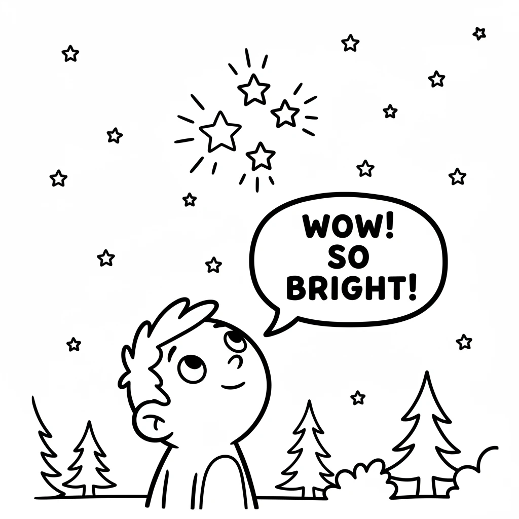 As night fell, Pip looked up at the twinkling stars. With a blink of his eyes, he made a few stars shine extra bright, lighting up the dark forest. Th