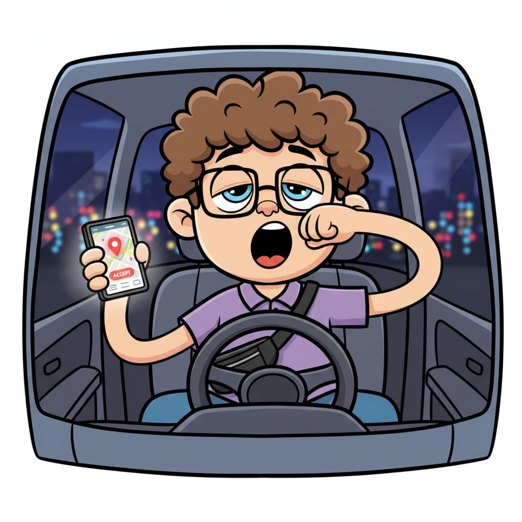 Michał, a kind-faced driver with big, tired eyes, yawns behind the wheel of his slightly exaggerated car. The city lights of Warsaw glow softly in the distance, but his app screen brightly displays a new ride request at 2 AM. He sighs, stretches his long, noodle-like arms, and taps to accept.