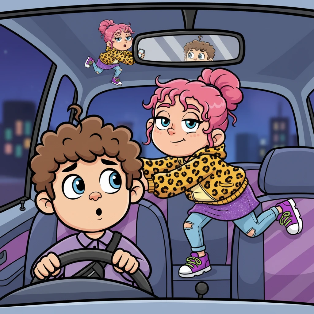 Dagmara, with wild, voluminous hair and a fierce leopard-print jacket over a short, sparkly mini-skirt, confidently stumbles into the back seat. Her eyes are half-lidded but sharp, and her movements are fluid yet unsteady. Michał glances in the rearview mirror, a flicker of surprise on his face.