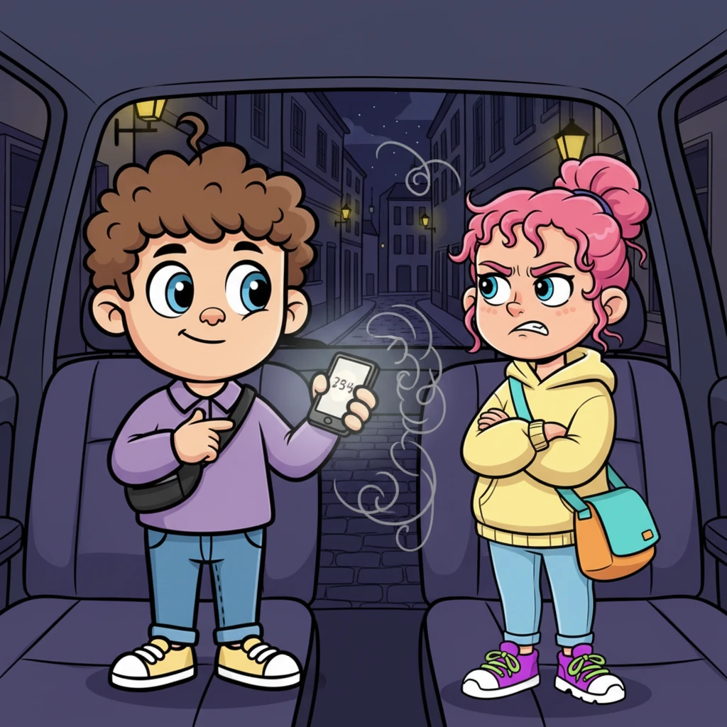 The ride ends in a dimly lit, narrow street. Michał, with a hopeful smile, shows Dagmara the fare on his phone. Her expressive face contorts into a scowl, her arms crossed dramatically. The air in the car thickens with unspoken tension.