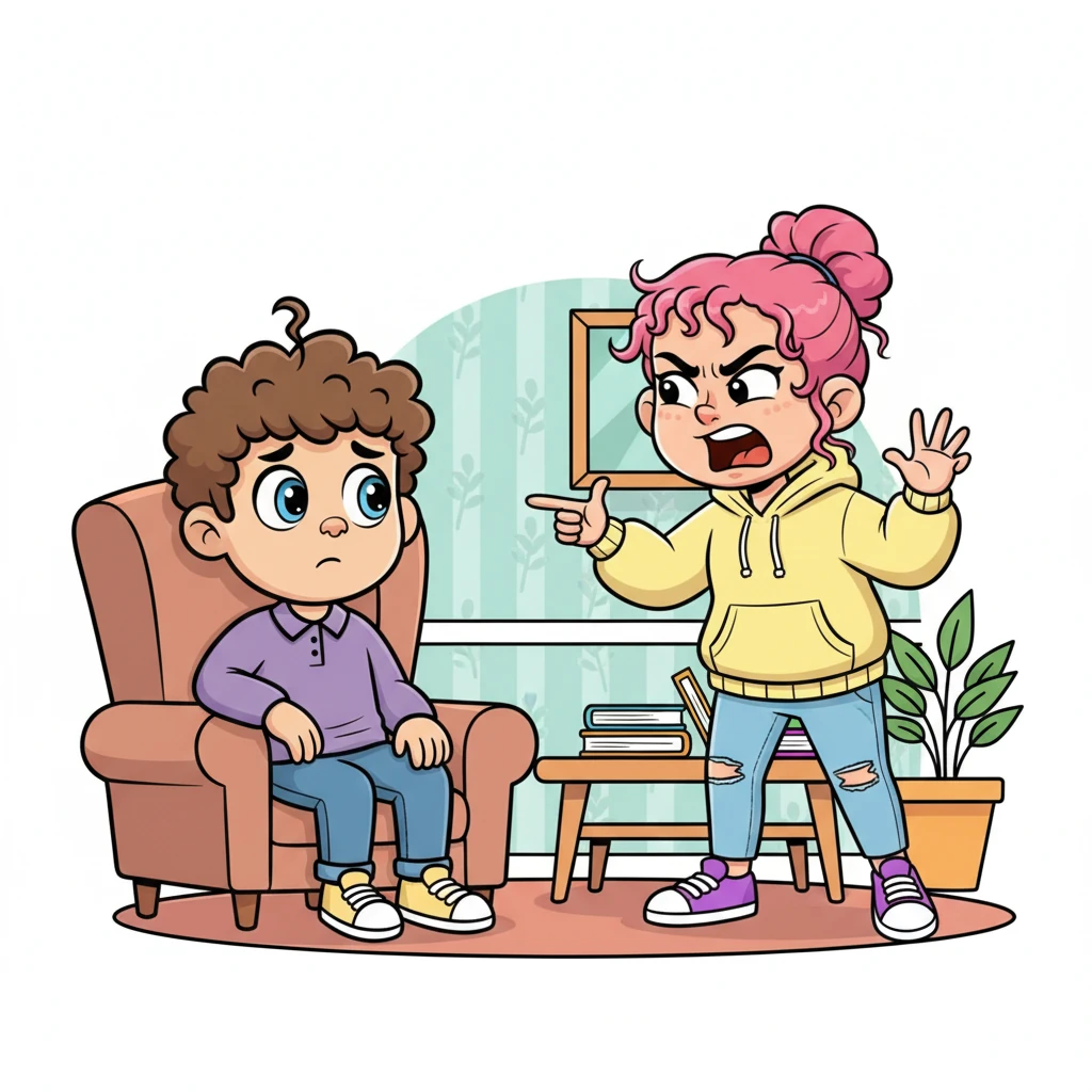 Dagmara's voice, now sharp and demanding, pierces the quiet. Michał shrinks slightly in his seat, his wide eyes reflecting her growing anger. Her hand gestures are grand and accusatory, filling the small space with her formidable presence.