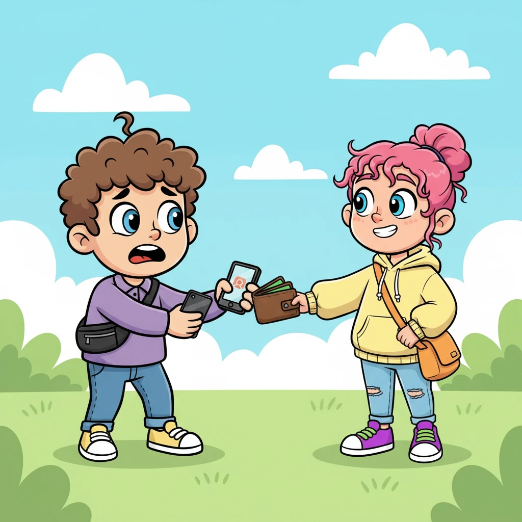 Under Dagmara's unwavering gaze, Michał slowly and deliberately hands over his wallet and phones, his movements clumsy. His face shows a mix of fear, awe, and a peculiar, almost dreamlike surrender. Dagmara collects the items with a satisfied, powerful smirk.