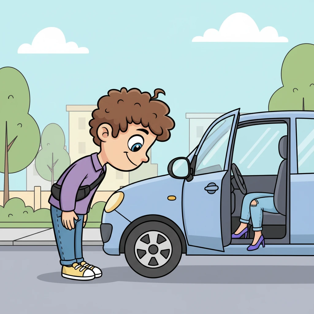 Michał arrives at the designated spot. Instead of waiting, he steps out of his car, walks around to the passenger side, and with a deep bow, opens the door for Dagmara. His face is a mask of devoted service, his posture unusually straight. Dagmara's legs and feet, adorned in stylish heels, are the first thing he sees.