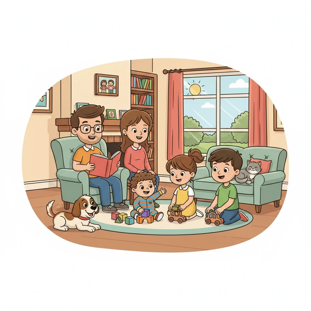 A família Silva, composta por cinco pessoas e dois animais de estimação, estava reunida na sala. O pai, com óculos e um sorriso acolhedor, lia um livro. A mãe, sorridente, observava as crianças brincarem. A pequena Matilde, com um rabo de cavalo, e o seu irmão mais velho, João, jogavam com o pequeno Zé, o bebé com caracóis castanhos. O gato cinzento, chamado Fofinho, e o cão castanho e branco, chamado Rex, observavam tudo com alegria.