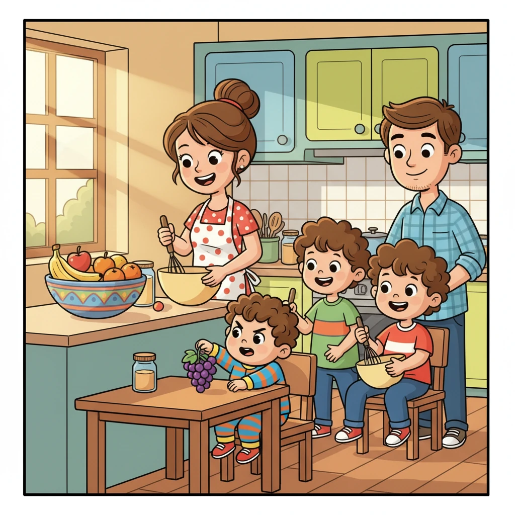 Na cozinha ensolarada, a mãe preparava um delicioso bolo de frutas. A fruteira estava repleta de maçãs, bananas e laranjas, e os armários coloridos brilhavam. Matilde e João ajudavam, animados, enquanto Zé, sentado na cadeira, tentava pegar numa uva. O pai, observando tudo, sorria com ternura.