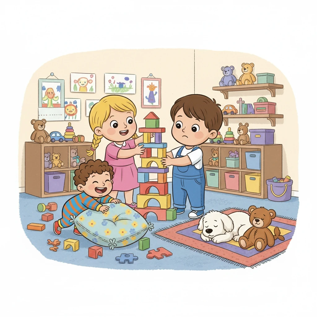 No quarto de brincar, a diversão era garantida. João e Matilde montavam uma torre com blocos coloridos, enquanto Zé tentava escalar uma almofada. O Fofinho e o Rex, companheiros inseparáveis, dormiam confortavelmente num canto. Quadros com desenhos infantis e brinquedos espalhavam-se por todo o lado.