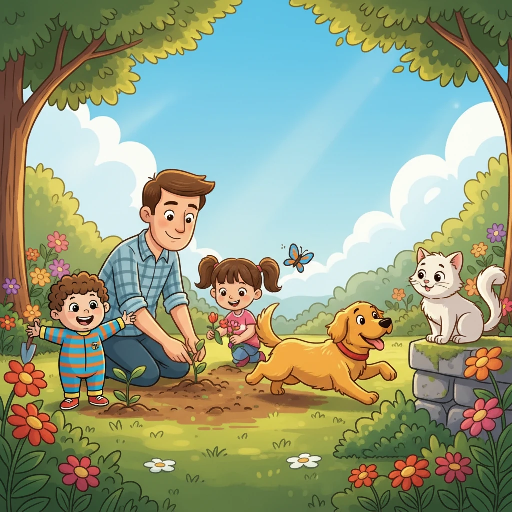 No jardim ensolarado, o pai e as crianças plantavam flores. A terra era fértil, e a luz do sol brilhava intensamente. Rex, com a coleira vermelha, corria atrás de uma borboleta, enquanto Fofinho observava, sentado no muro. A atmosfera era de paz e harmonia.