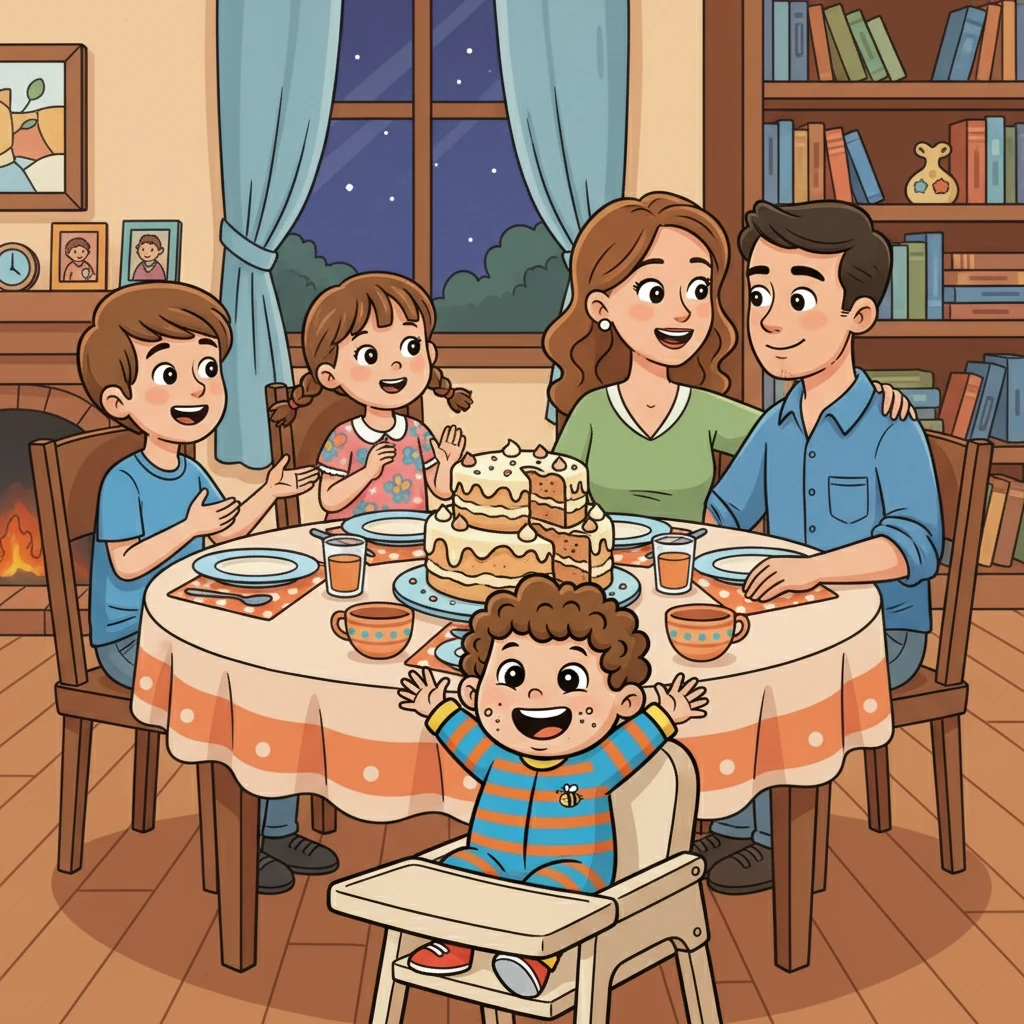 Na hora do jantar, a mesa estava posta com cores vibrantes e pratos apetitosos. A família, reunida, saboreava o bolo delicioso. Zé, todo feliz, fazia festa com as mãos, enquanto João e Matilde contavam como foi o dia. O pai e a mãe trocavam olhares de amor.