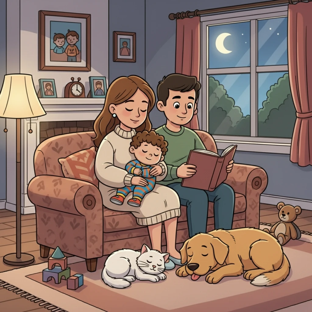 No final do dia, a família se reunia na sala para ler uma história antes de dormir. A luz suave da noite, e as vozes do pai e da mãe criavam uma atmosfera de paz e segurança. Zé, sonolento, aninhava-se no colo da mãe. O Fofinho e o Rex, lado a lado, dormiam tranquilos, sonhando com as aventuras do dia.