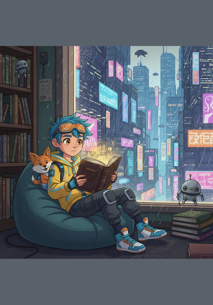 Young Ertis sat by the large library window, completely lost in a world of wonder as he turned the pages of a thick fairy tale book. Outside, the sky turned a deep shade of indigo and the first stars began to twinkle, but the boy was too absorbed to notice the day ending.