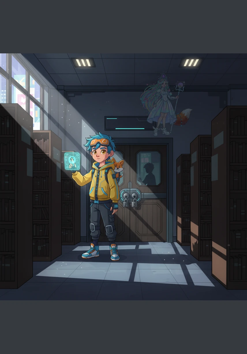 The school library grew silent as the librarian, unaware that anyone was still inside, turned off the main lights and locked the heavy wooden doors for the night. Ertis looked around at the long shadows stretching across the floor, feeling a sense of mystery and excitement in the quiet room.