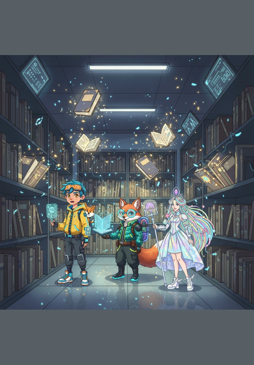 As the clock struck midnight, the library suddenly pulsed with a soft, ethereal glow that emanated from the books on the shelves. Volumes began to slide out of their places, their covers shimmering with gold and silver light while magical sparks danced through the air like tiny fireflies.