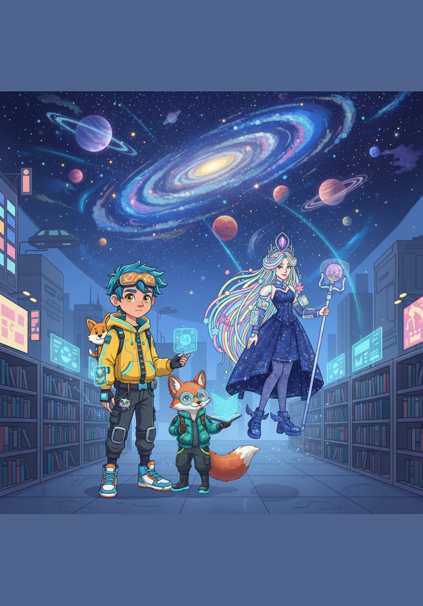 A beautiful Princess of Imagination appeared next, wearing a gown woven from starlight that shimmered with every step she took. With a wave of her wand, the library ceiling dissolved into a breathtaking view of swirling galaxies and planets, showing Ertis that books are the keys to the entire universe.