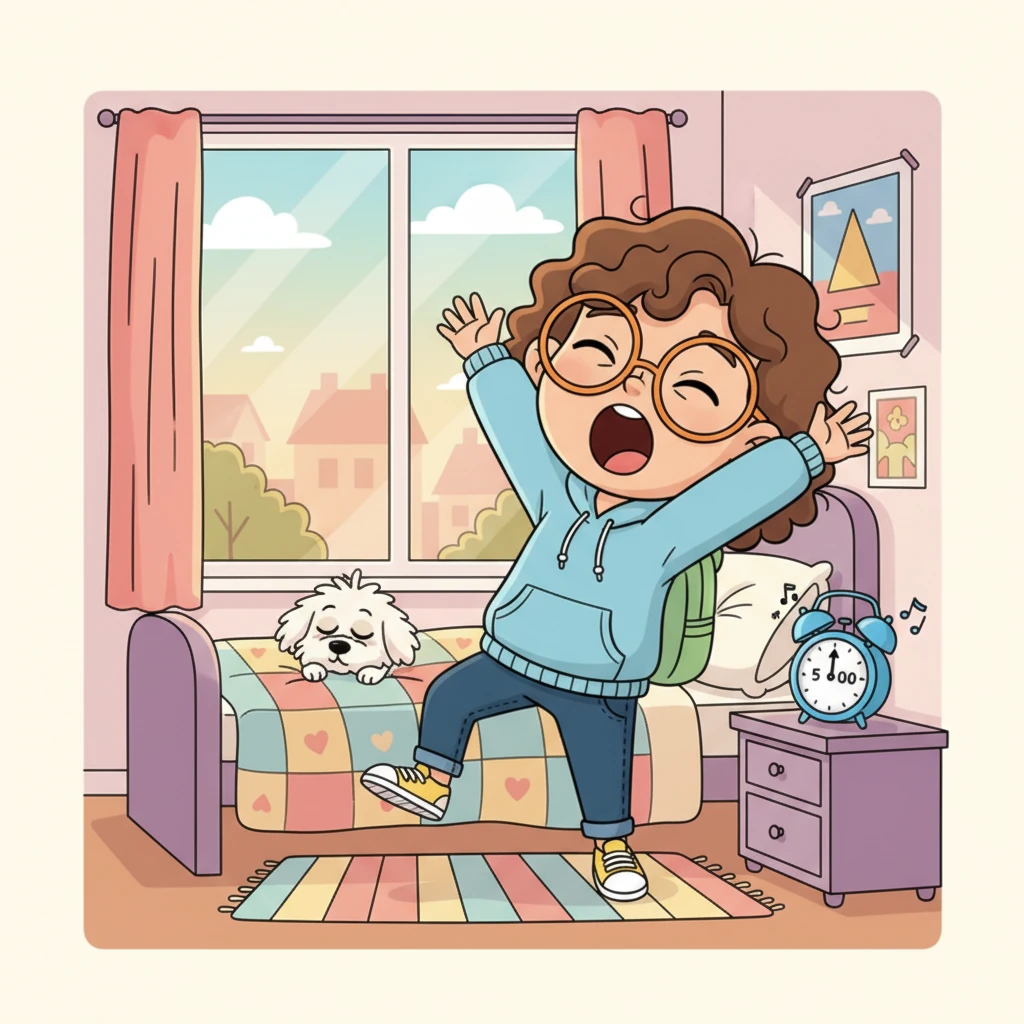 The sun peeks over a cheerful neighborhood as Alex's bright blue alarm clock buzzes at 5:00 AM. Alex, a happy-faced 7th grader, stretches with a big yawn, ready to greet the day. A tiny, fluffy dog, still sleepy, peeks out from under a colorful blanket on the bed.