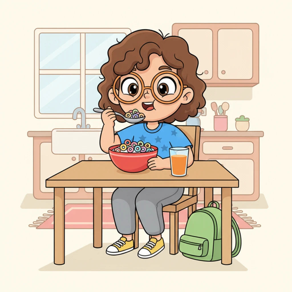With a quick hop, Alex zips into a comfy outfit and heads to the kitchen. A vibrant bowl of cereal awaits, alongside a tall glass of juice, ready to fuel the morning. Alex eats quickly but neatly, already mentally reviewing the day's schedule.