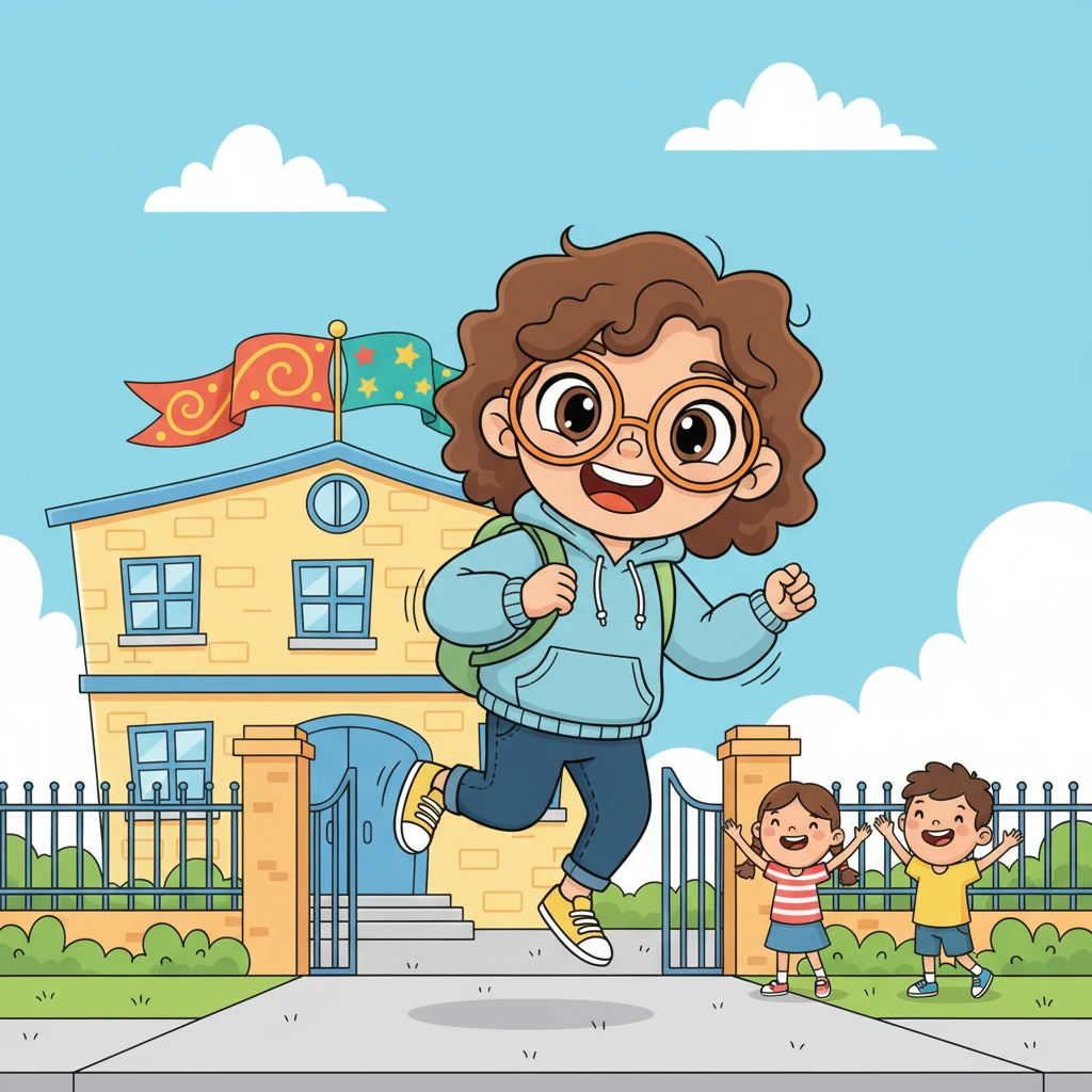 Backpack slung over one shoulder, Alex practically bounces down the sidewalk towards school, a big smile on their face. The school building in the distance looks welcoming, with colorful banners fluttering in the breeze. Friends wave from the school gate, excited to start the day together.