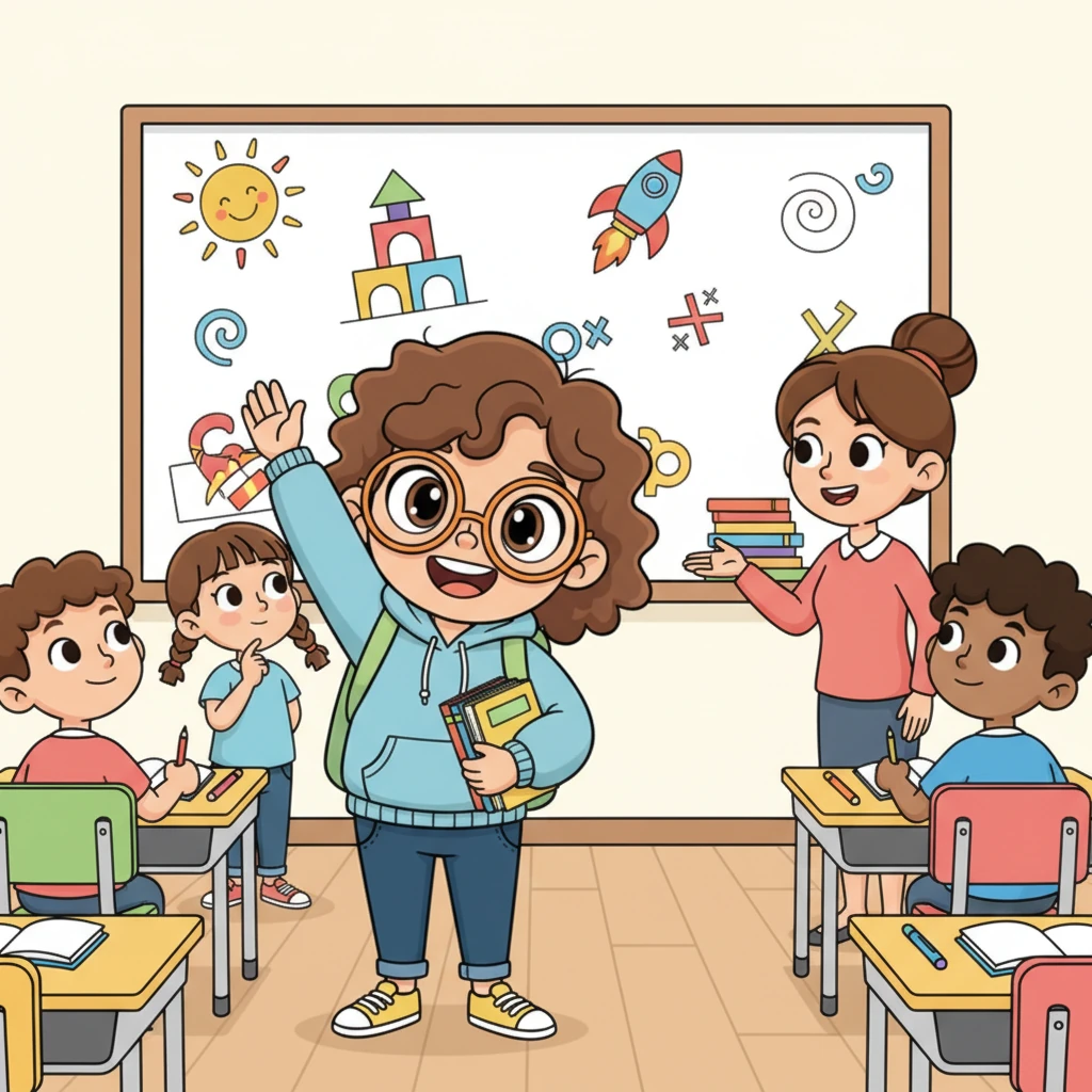 Inside the classroom, Alex is a shining star, eagerly raising a hand to answer a question. The teacher beams, and other students look on, some with thoughtful expressions, some taking notes. The whiteboard behind them is covered in colorful, exaggerated diagrams, making learning fun.