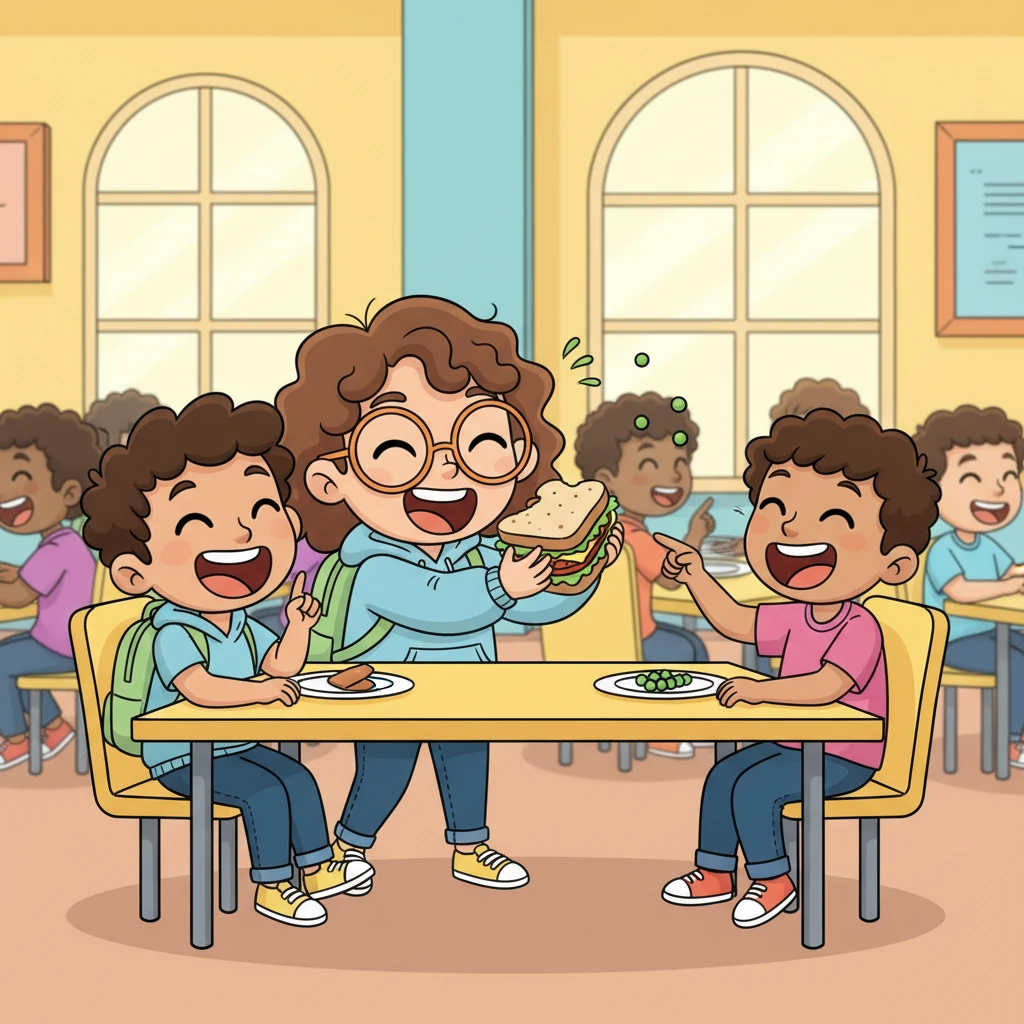 Lunchtime bursts with energy as Alex shares a hearty sandwich and laughs with friends in the bustling cafeteria. They trade funny stories and make plans for after school, enjoying a well-deserved break. A playful food fight of imaginary peas adds to the joyful chaos.