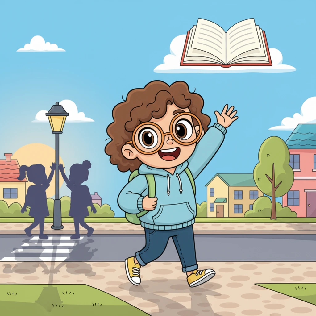 The school day ends, and Alex walks home with a light step, feeling accomplished and ready for the next part of the routine. The sun casts long, friendly shadows as Alex waves goodbye to friends at the corner. A fluffy cloud in the shape of a book floats by in the sky.