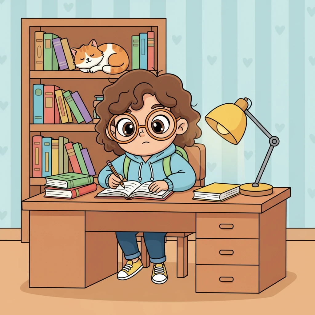 At home, Alex settles down at a bright, organized desk, surrounded by colorful textbooks and a friendly desk lamp. With focused determination, Alex tackles homework, making sure to understand each concept. A cute, sleepy cat naps peacefully on a nearby bookshelf.