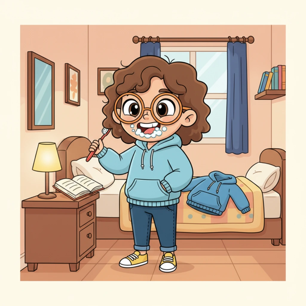 As evening settles in, Alex prepares for bed, brushing teeth with a bubbly smile and laying out school clothes for the next day. A cozy bedtime storybook is opened, ready for a few calming pages. The room feels warm and inviting, a perfect end to a productive day.