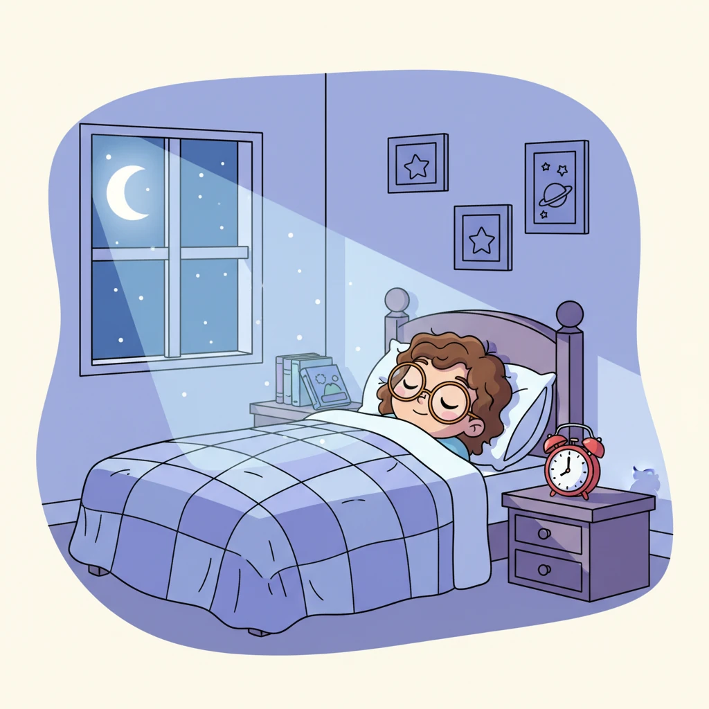 Finally, at 10:00 PM, Alex is tucked snugly into bed, drifting off to sleep with a peaceful expression. The moon peeks through the window, casting a soft glow, as Alex dreams of tomorrow's adventures and learning. The alarm clock quietly waits for another bright new day.