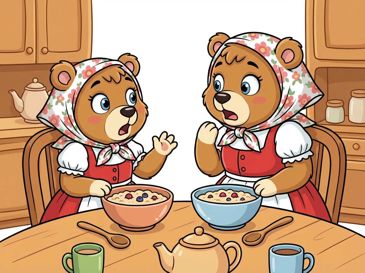 Mama Bär und Schwester Bär sitzen am Frühstückstisch, beide in ihren typischen Outfits. Plötzlich blicken sie sich an, die Augen weit aufgerissen.