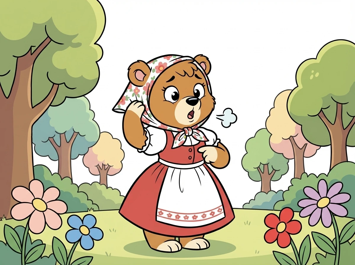 Mama Bär räuspert sich und sagt mit tiefer Männerstimme: "Wo bin ich denn hier? Und warum trage ich ein Kleid?"