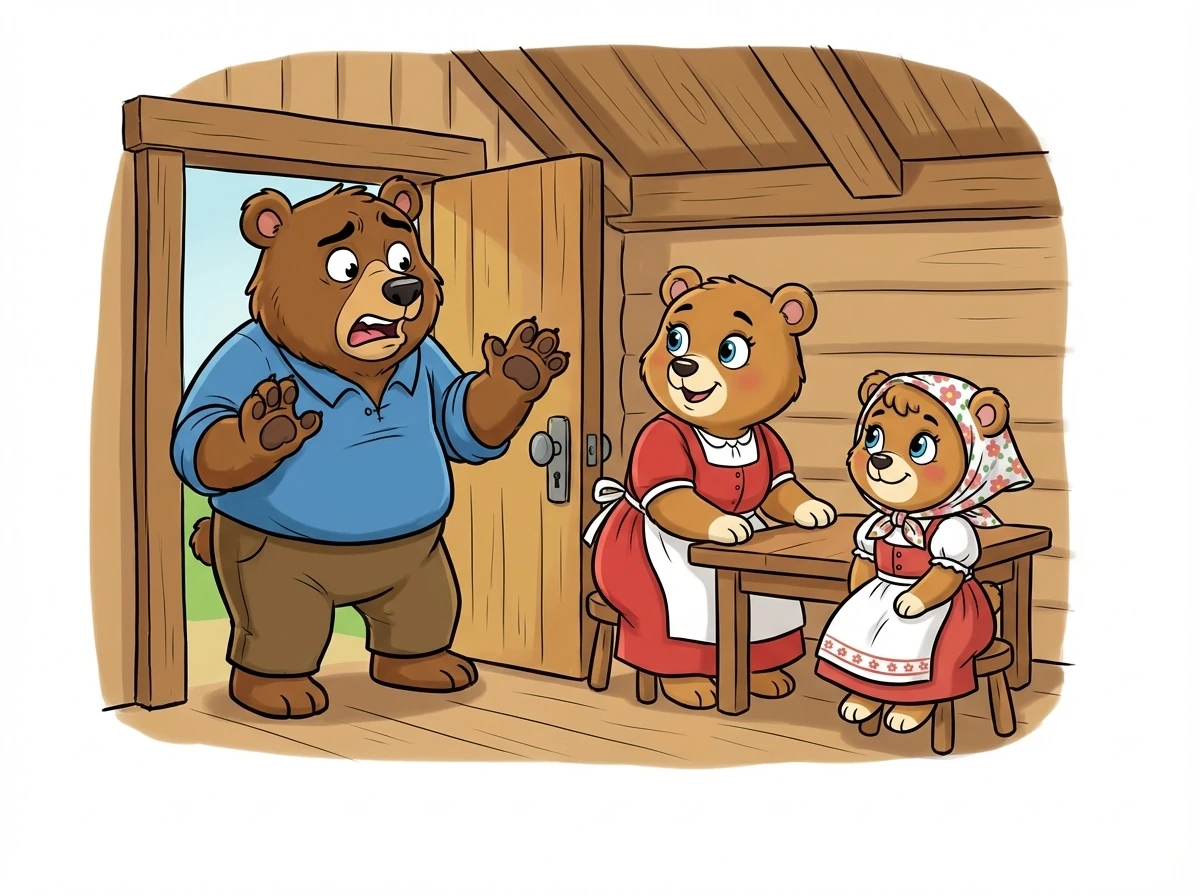 Papa Bär betritt den Raum und bleibt verdutzt stehen. "Mama? Schwester? Was ist denn mit euren Stimmen los?"