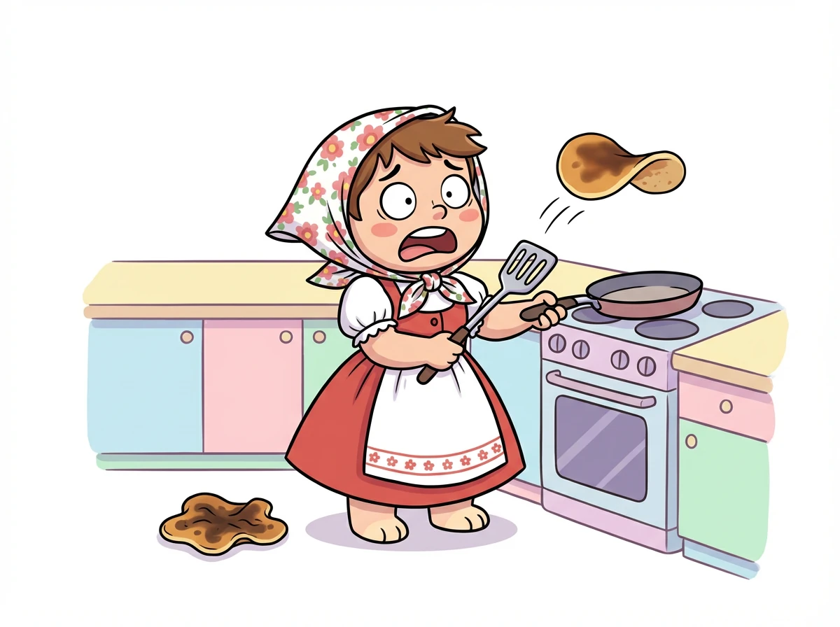 Mama Bär (im Körper eines Jungen) versucht, Pfannkuchen zu wenden, scheitert aber kläglich. "Ich glaube, wir haben ein Problem!"