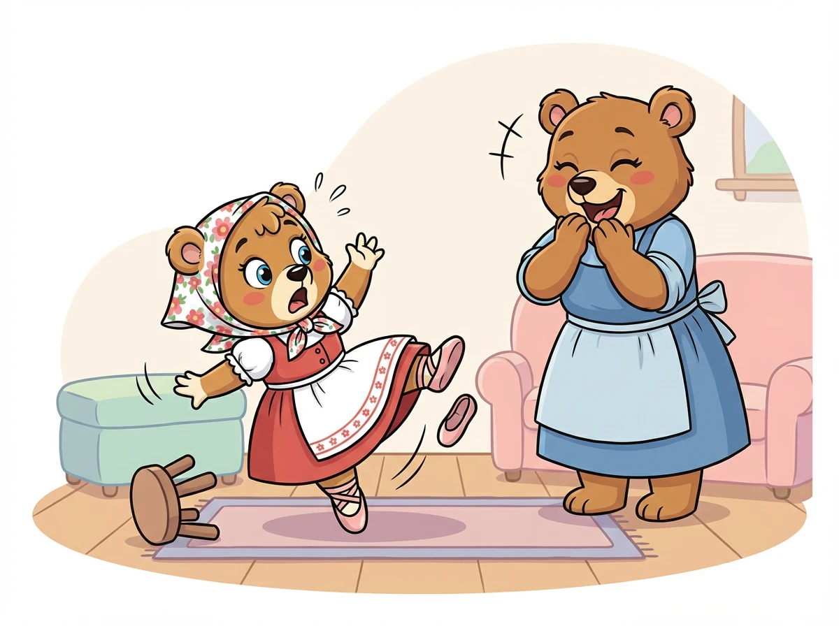 Die beiden 'neuen' Mama und Schwester Bär versuchen, ihren normalen Tagesablauf zu meistern, was zu urkomischen Situationen führt. Schwester Bär versucht ein Ballett-Tänzchen und stolpert.