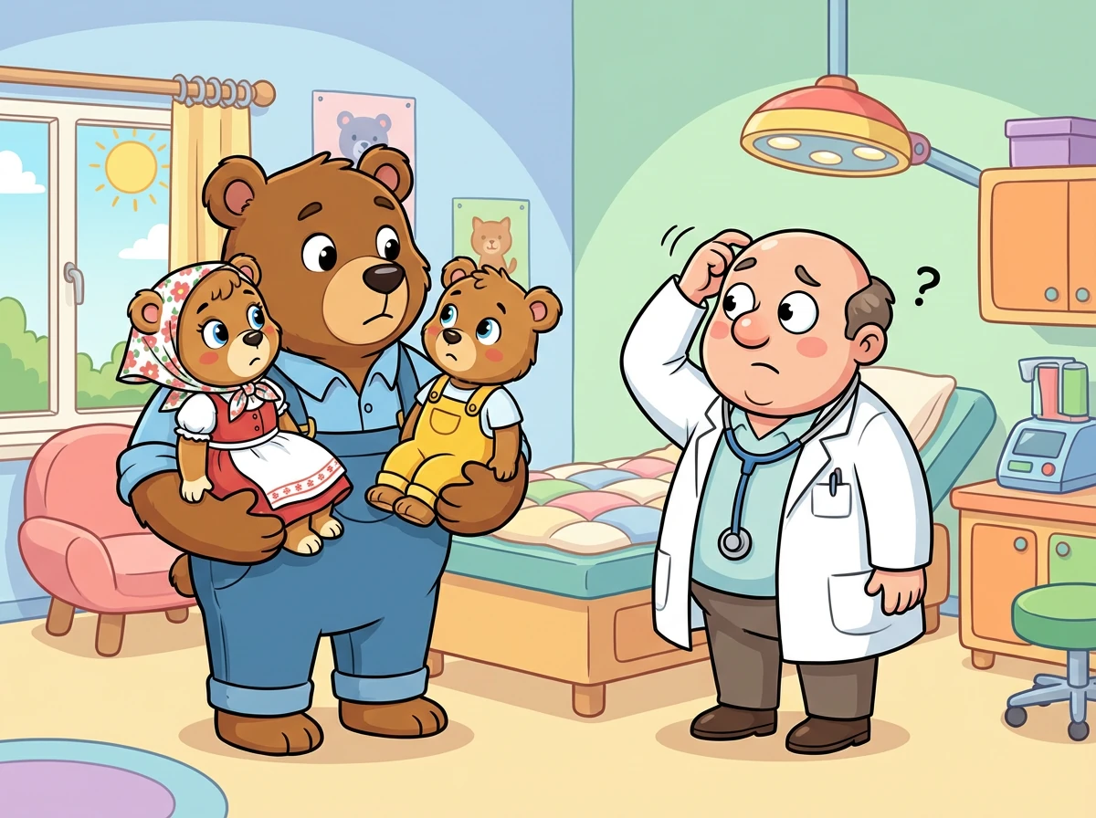 Papa Bär beschließt, die beiden zum Arzt zu bringen. Der Arzt ist ratlos und schüttelt nur den Kopf.