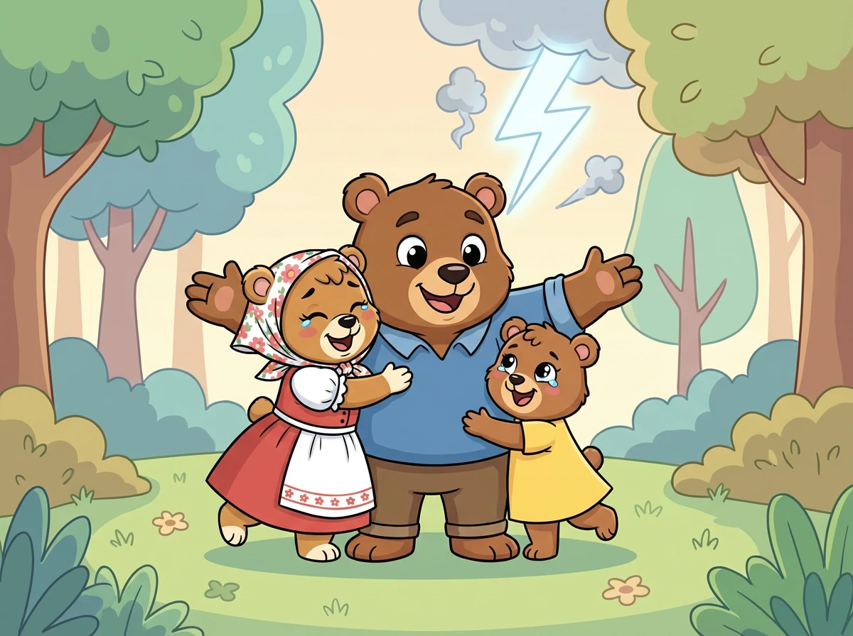 Ein zweiter Blitz trifft den Ort, und Mama Bär und Schwester Bär sind wieder sie selbst. Die Jungen sind verschwunden, und alles ist wieder normal. Sie umarmen Papa Bär erleichtert.