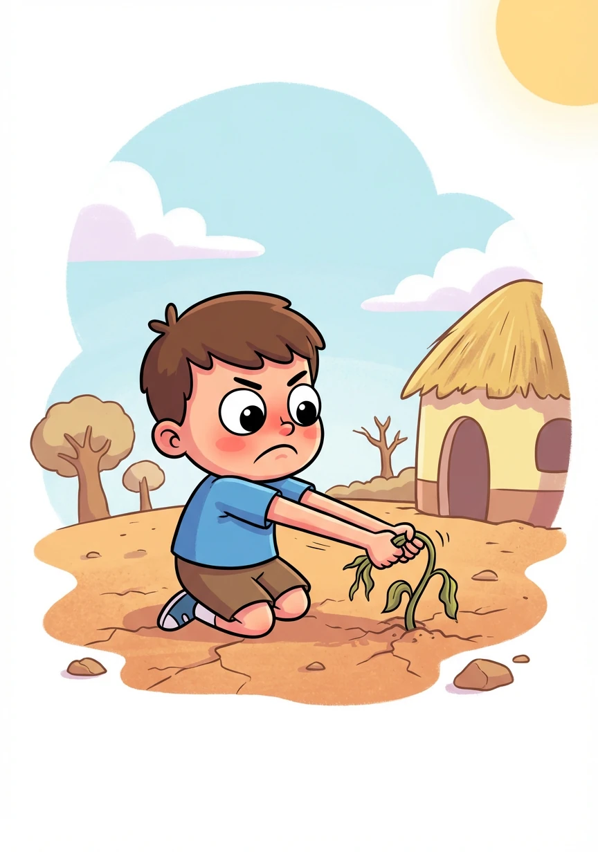 Timo lived in a village where the land was dry and cracked. He was a good boy, but he always wanted everything right away and struggled to be patient.