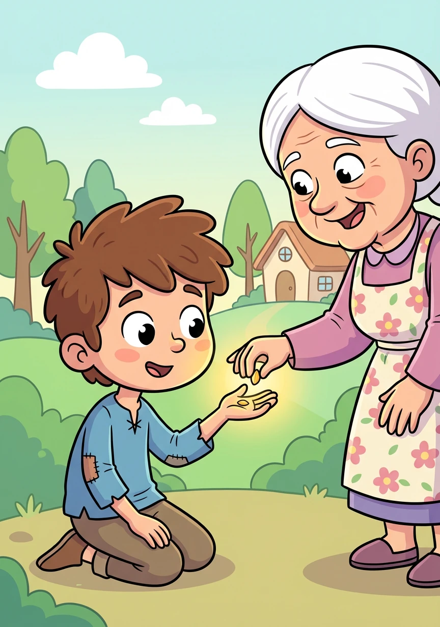 One day, a kind old woman visited Timo's village. She saw his eagerness and gave him a small, glowing seed. She told him it was magical but would only grow with patience, kindness, and honesty.